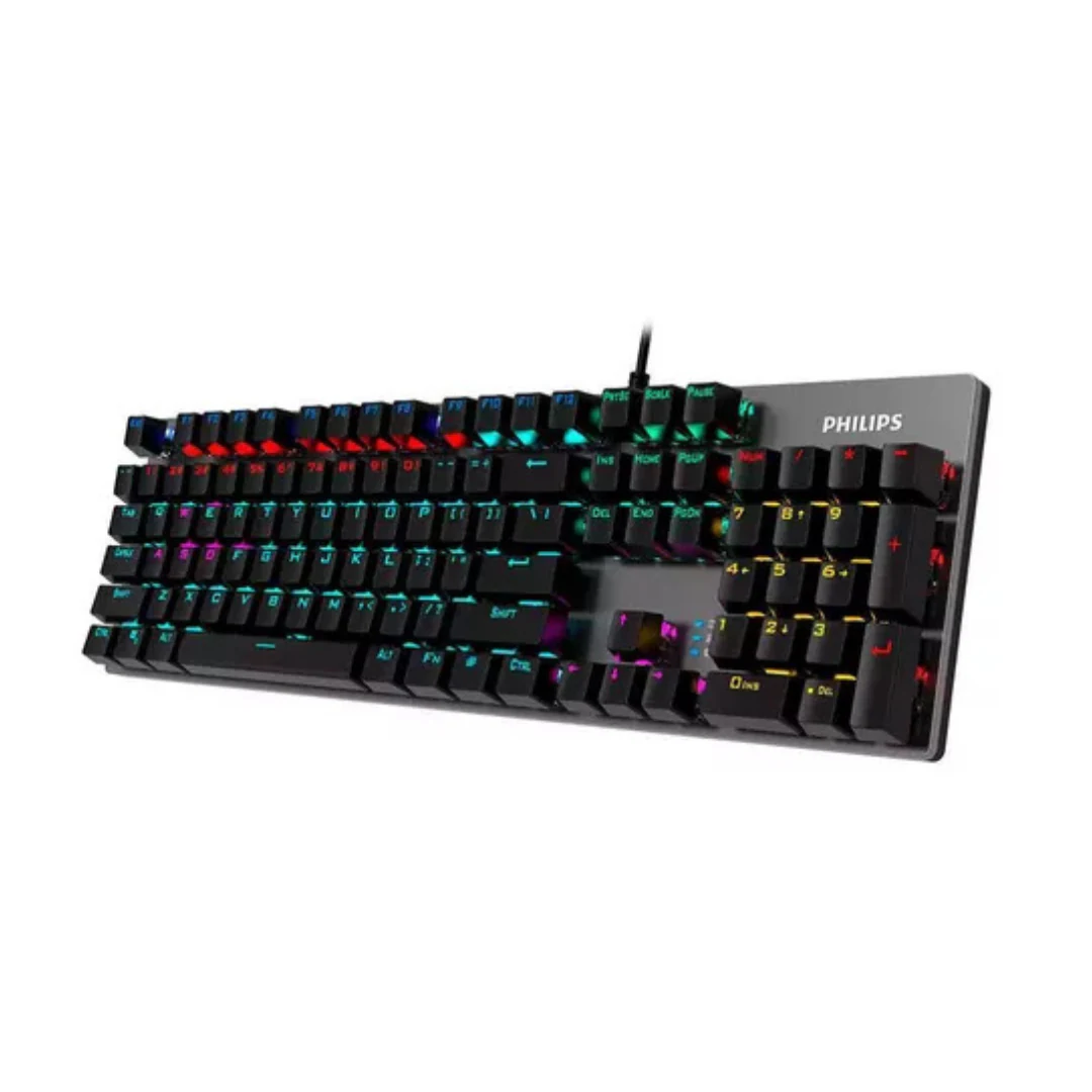 Teclado Gamer Philips Qwerty Cyan Blue Inglés Us Color Negro Con Luz Rainbow. increible