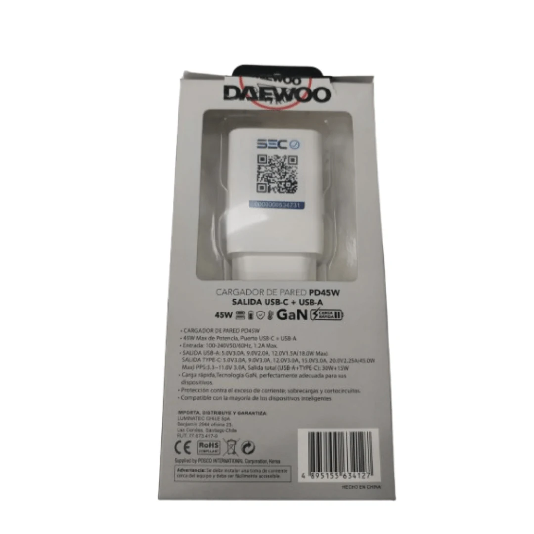 CARGADOR DAEWOO USB PD45W DI-PD452-EU SALIDA USB-C + USB-A. INCREIBLE