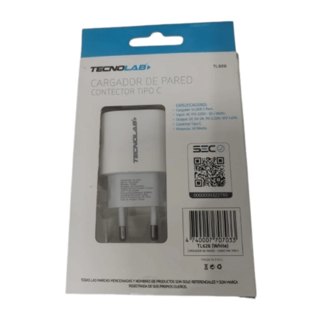 CARGADOR DE PARED TECNOLAB CONECTOR TIPO C TL626 BLANCO