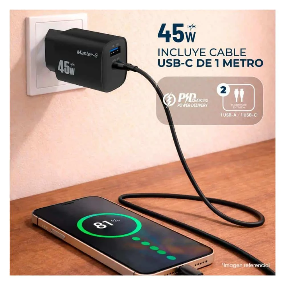 Cargador Portátil Carga Rápida 45W + Cable USB-C Master-g: Increíble Energía sin Límites